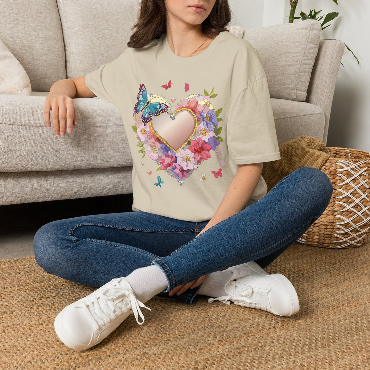 Butterfly Floral Heart Pink Gold Heart with Flowers and Butterflies Graphic Design Unisex 100 Cotton Gildan T-Shirt
