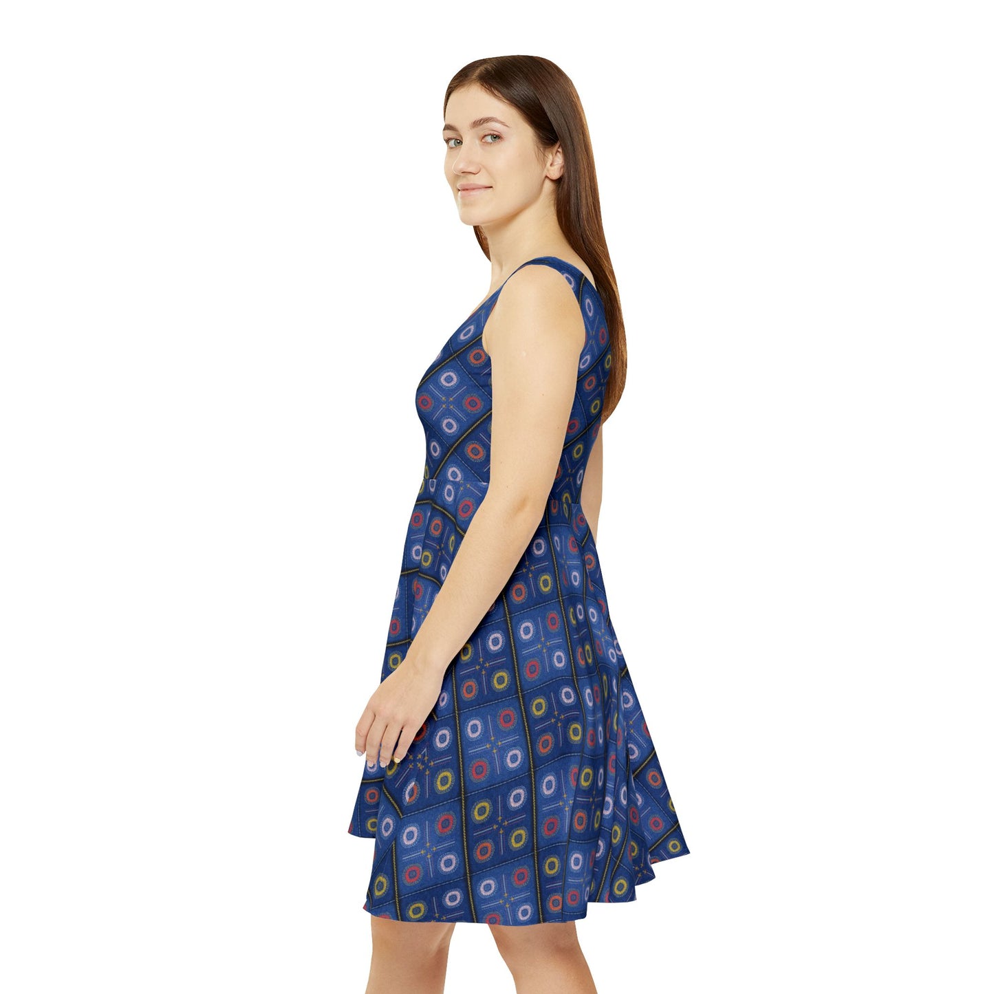 Women Diwali Denim Print Skater Dress, Denim Print Poly-Span Dress - 46