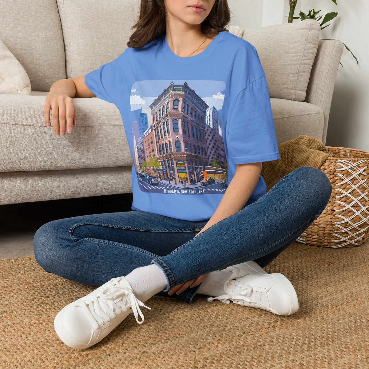 Brooklyn New York Retro Cityscape T-Shirt — Illustrated Landmark Tee Travel Tourist Graphic Design Unisex 100 Cotton Gildan T-Shirt