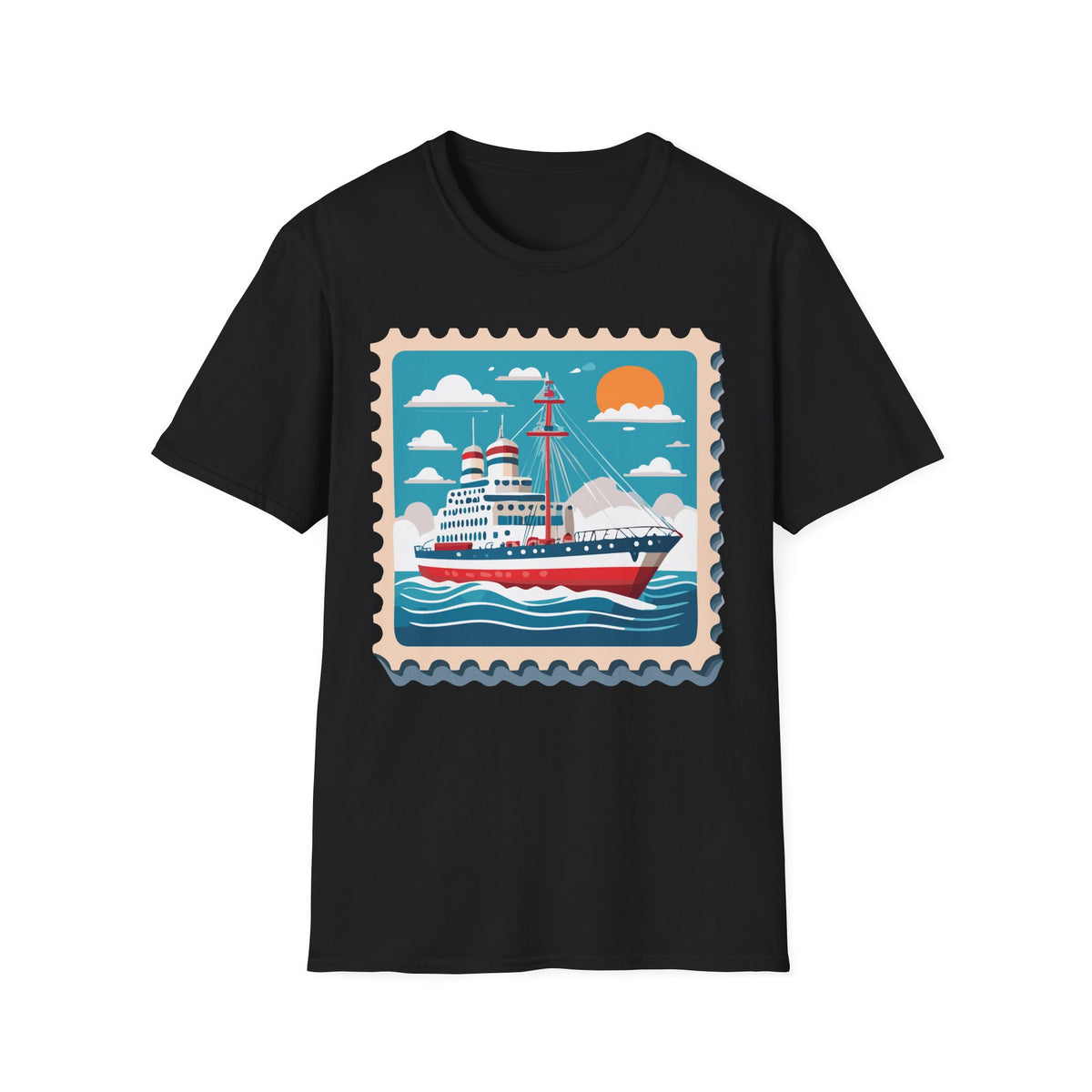 Vintage Cruise Ship Stamp T-Shirt | Nautical Ocean Sunset Design