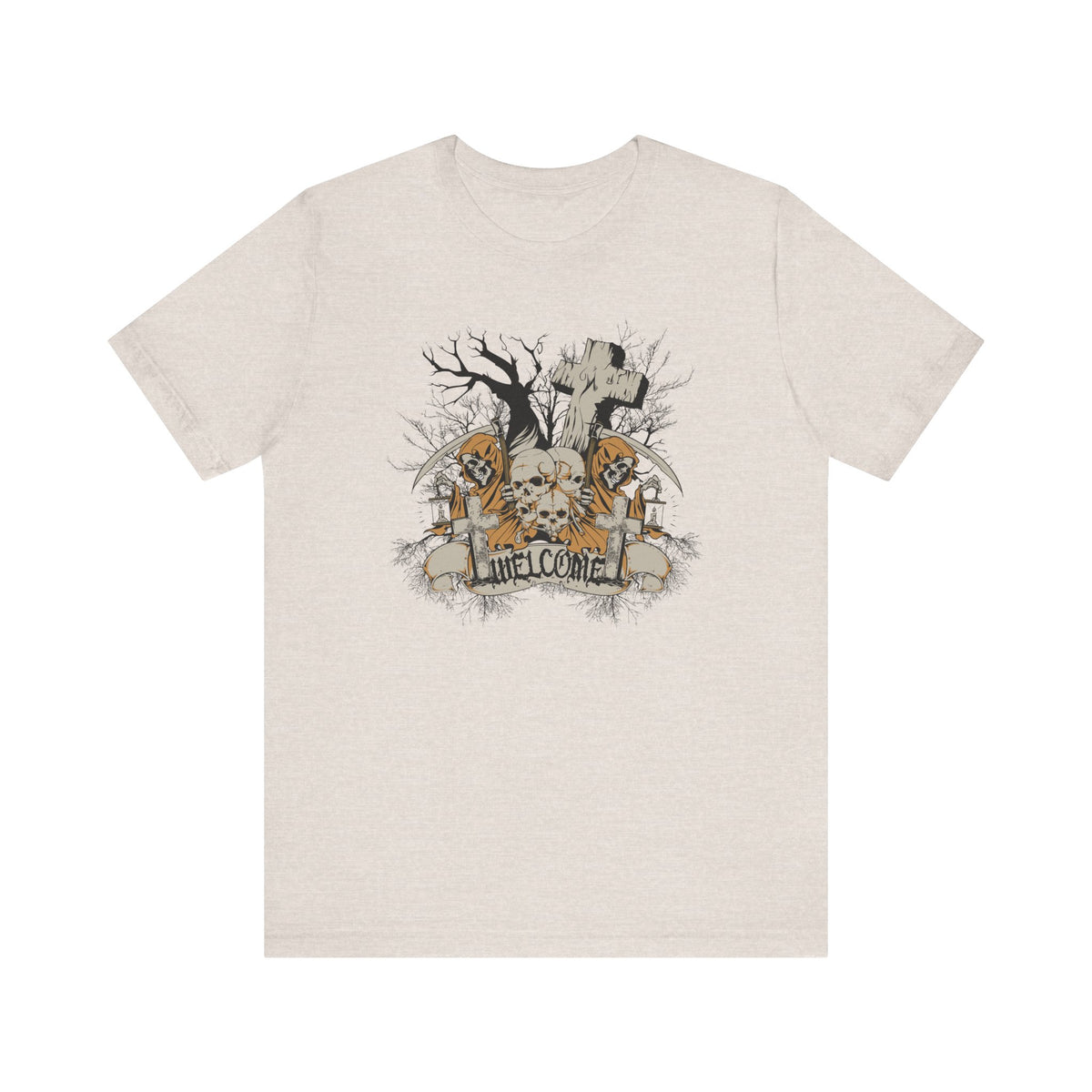 Skull Graveyard Welcome Tee Halloween Haunted Tree Cross Tombstone Unisex Cotton Art-50