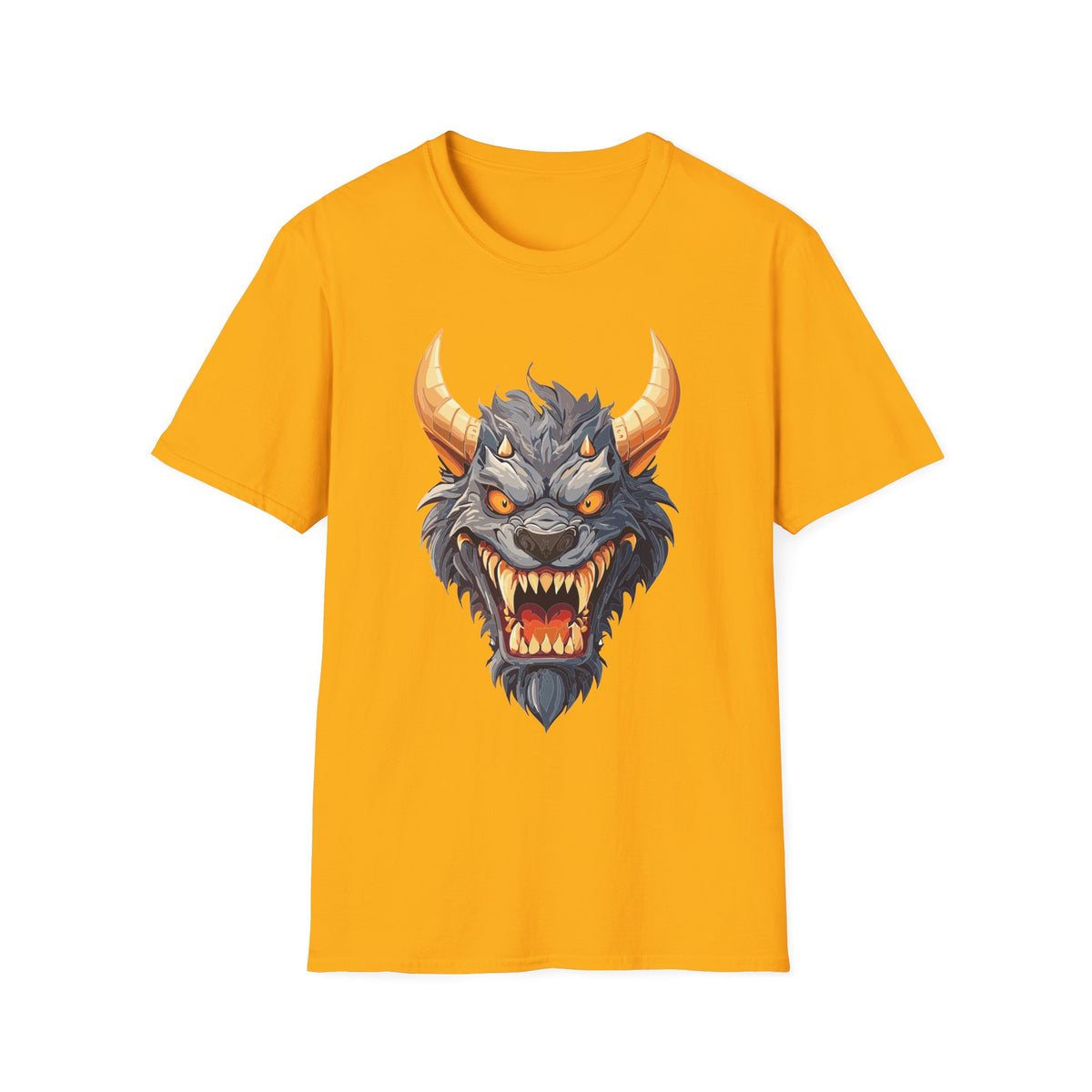 Demonic Beast Head T-Shirt — Horned Monster Cartoon Graphic Tee Unisex 100 Cotton Gildan T-Shirt