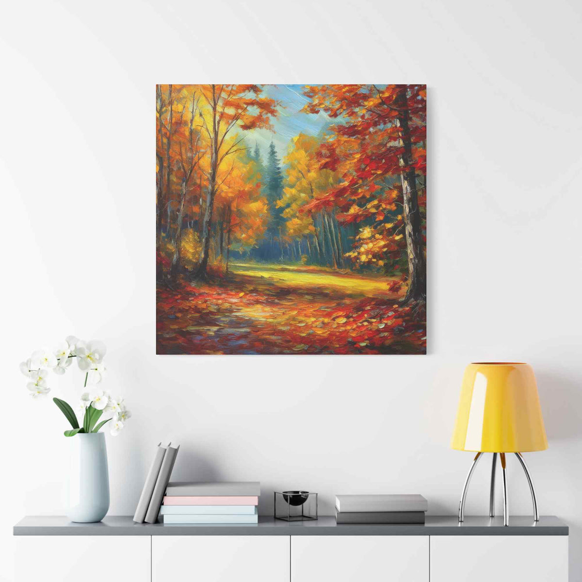 Fall Forest Print Canvas, Oil Paint Print 20x20, 24x24, 30x30, 32x32, 36x36 Art Design Print Pine-Wood Inner Frame MC-100