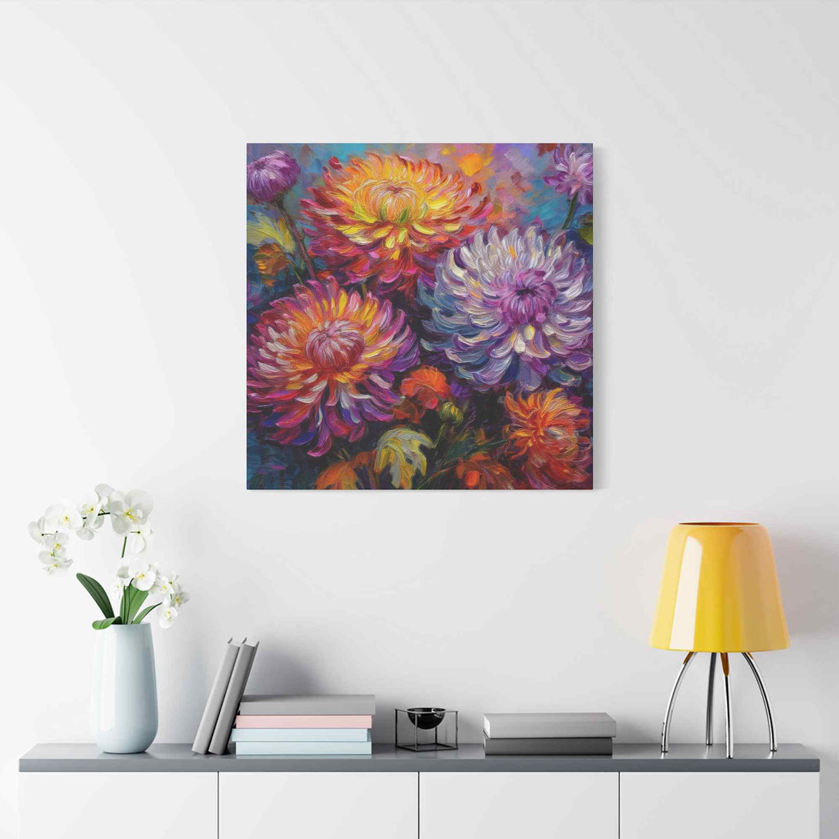 Chrysanthemums Print Canvas, Floral Oil Paint Print 20x20, 24x24, 30x30, 32x32, 36x36 Art Design Pine-Wood Inner Frame MC-158