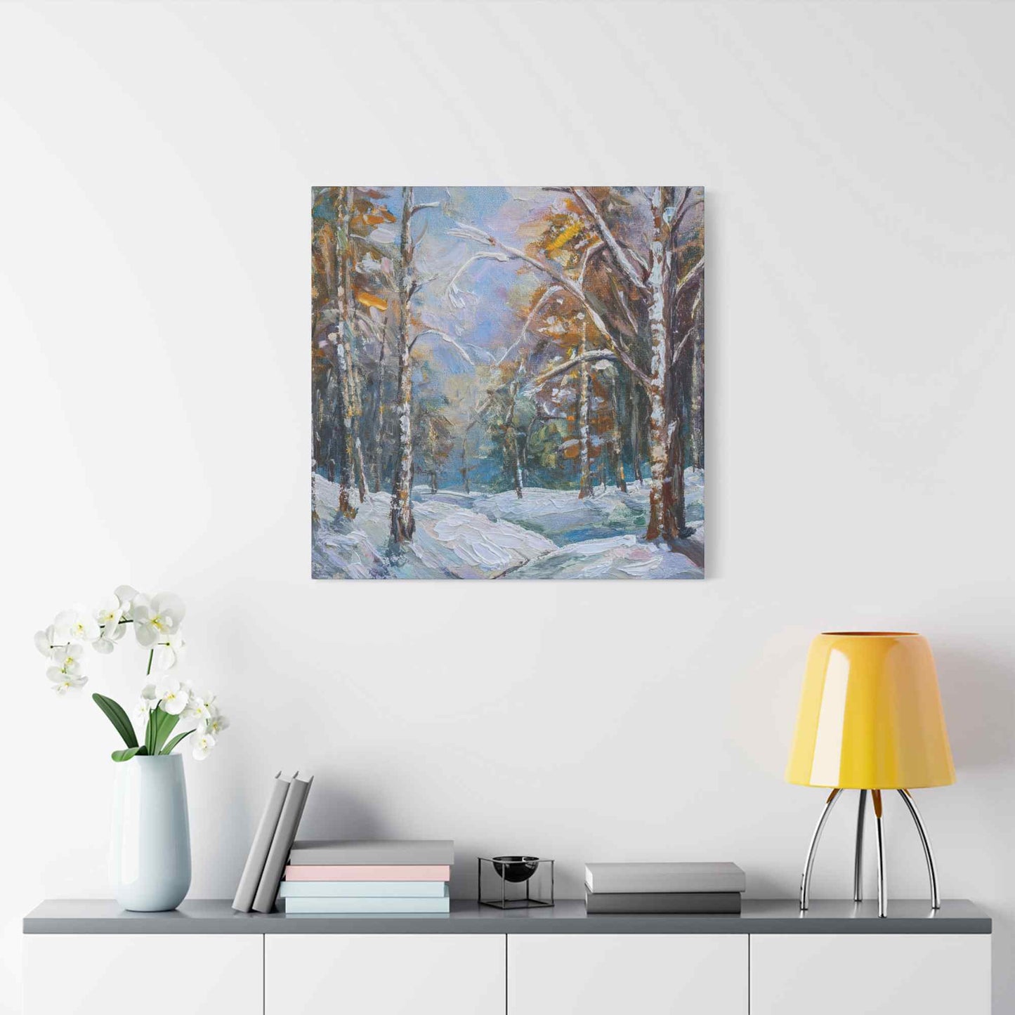 Snow Forest Print Canvas, Oil Paint Print 20x20, 24x24, 30x30, 32x32, 36x36 Art Design Print Pine-Wood Inner Frame MC-80