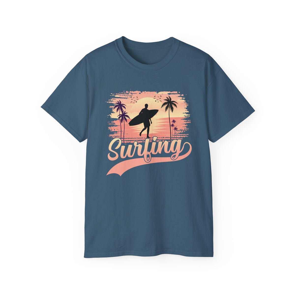 Surfing Silhouette Sunset T-Shirt | Palm Trees, Retro Wave Graphic