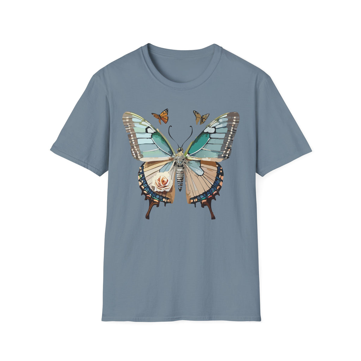 Blue Floral Butterfly T-Shirt | Vintage Botanical Wings Graphic Tee Unisex 100 Cotton Gildan T-Shirt