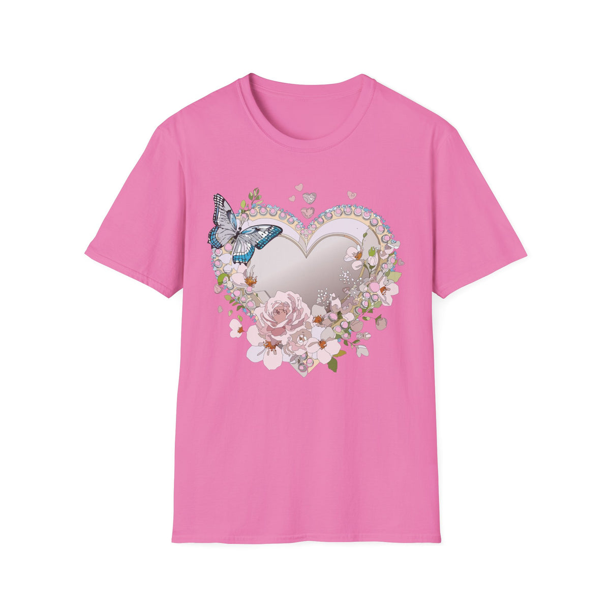 Floral Heart with Butterfly T-Shirt | Romantic Pastel Garden Graphic Tee Unisex 100 Cotton Gildan T-Shirt