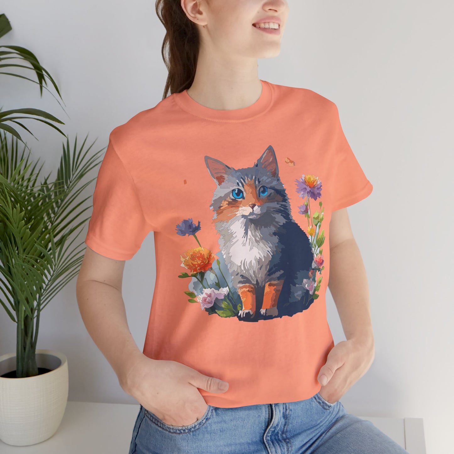 Floral Cat Tee, Animal Shirt, Cat Shirt, Floral Tee, Flower T-shirt, T-Shirt with Animal, Summer Top with Art Design