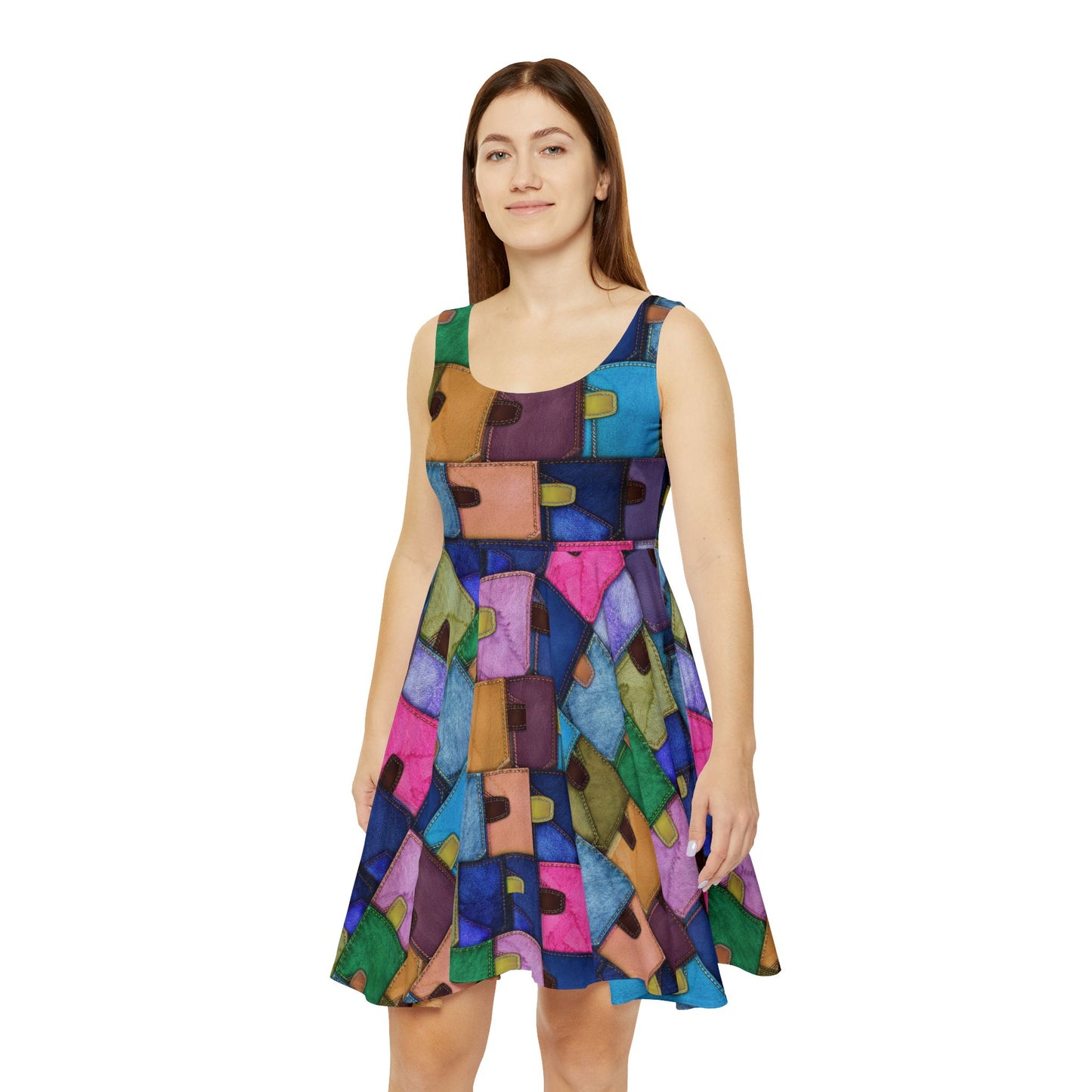 Women Denim Print Skater Dress, Denim Print Poly-Span Dress - 12