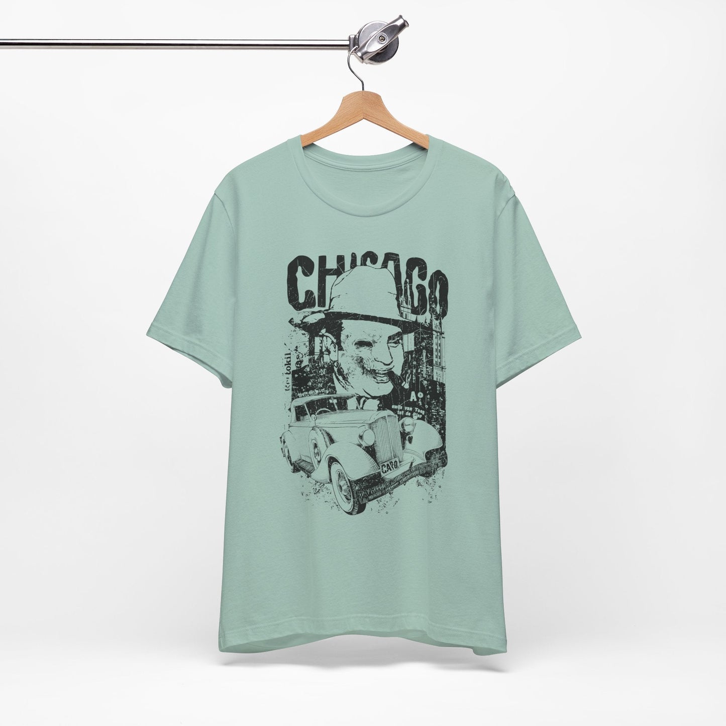 Chicago Retro Mobster Illustration Tee Vintage Car Cityscape Art Design T-Shirt A-8