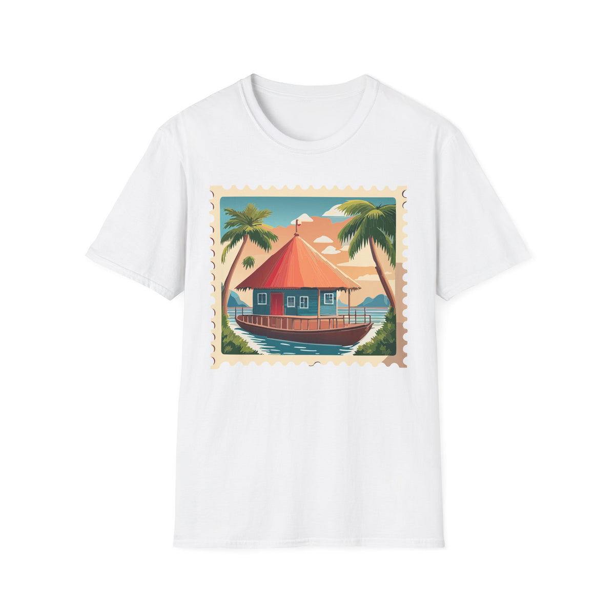 Tropical Beach Cottage T-Shirt | Palm Trees, Sunset Hut Graphic Tee Unisex 100 Cotton Gildan T-Shirt