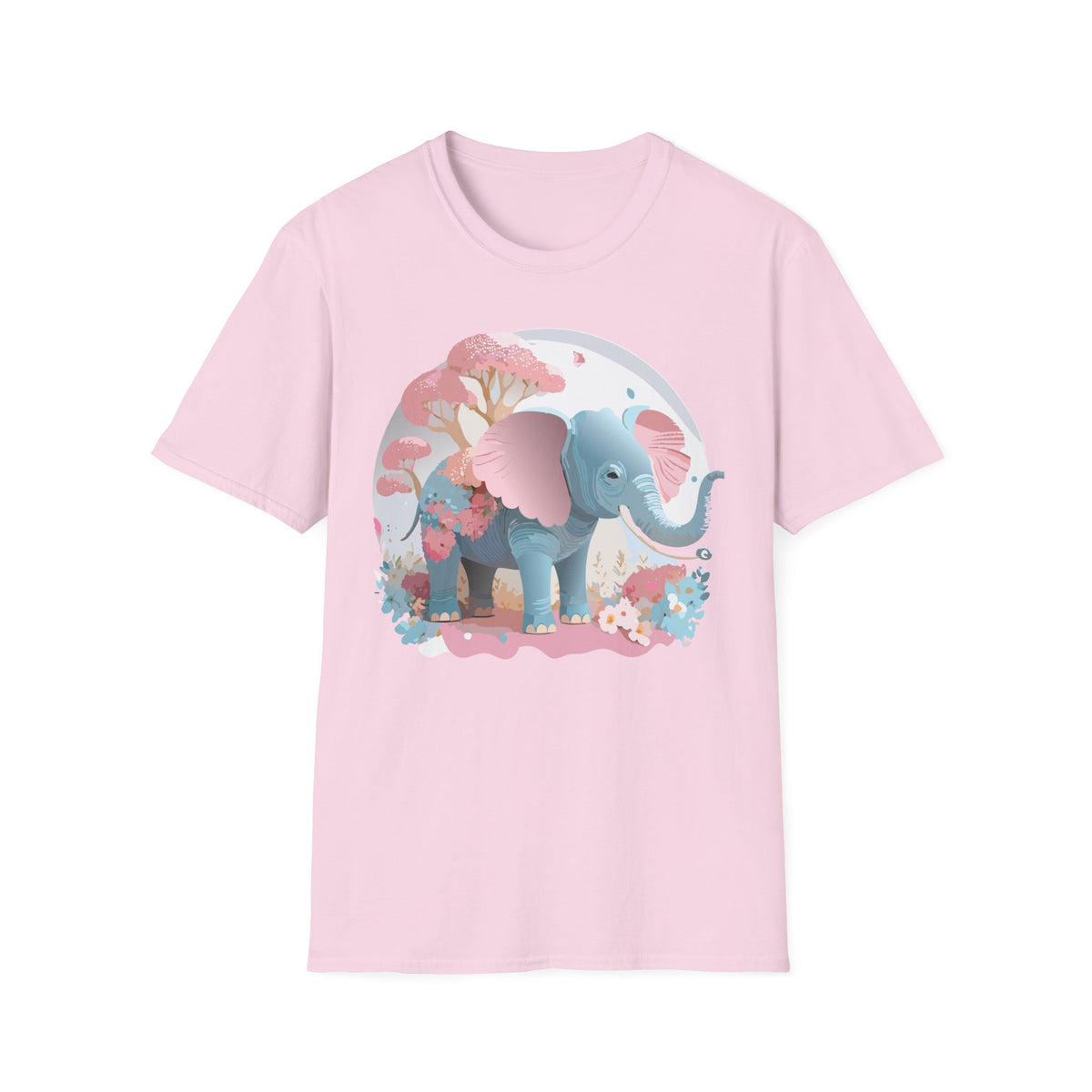 Pink Blue Elephant illustration T-Shirt | Cute Floral Baby Elephant Tee