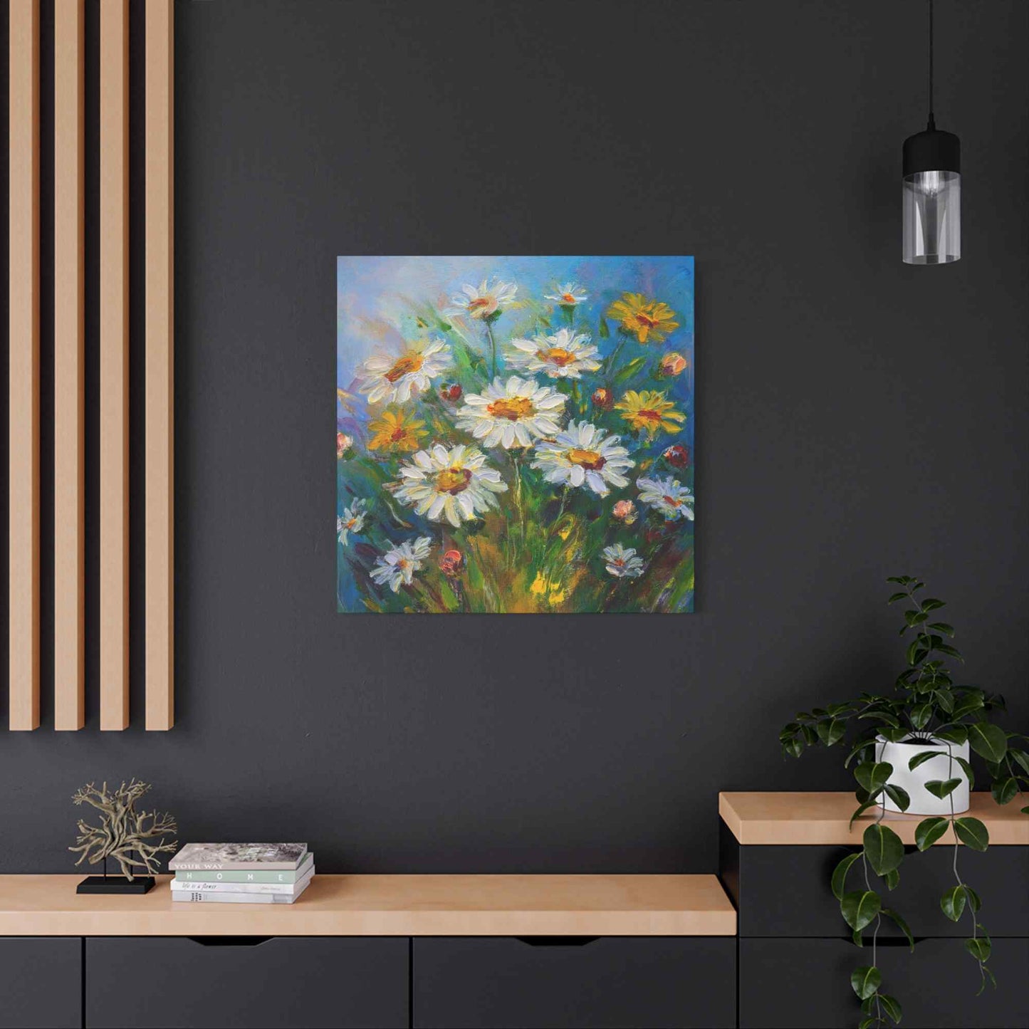 White Daisies Print Canvas, Floral Oil Paint Print 20x20, 24x24, 30x30, 32x32, 36x36 Art Design Pine-Wood Inner Frame MC-128