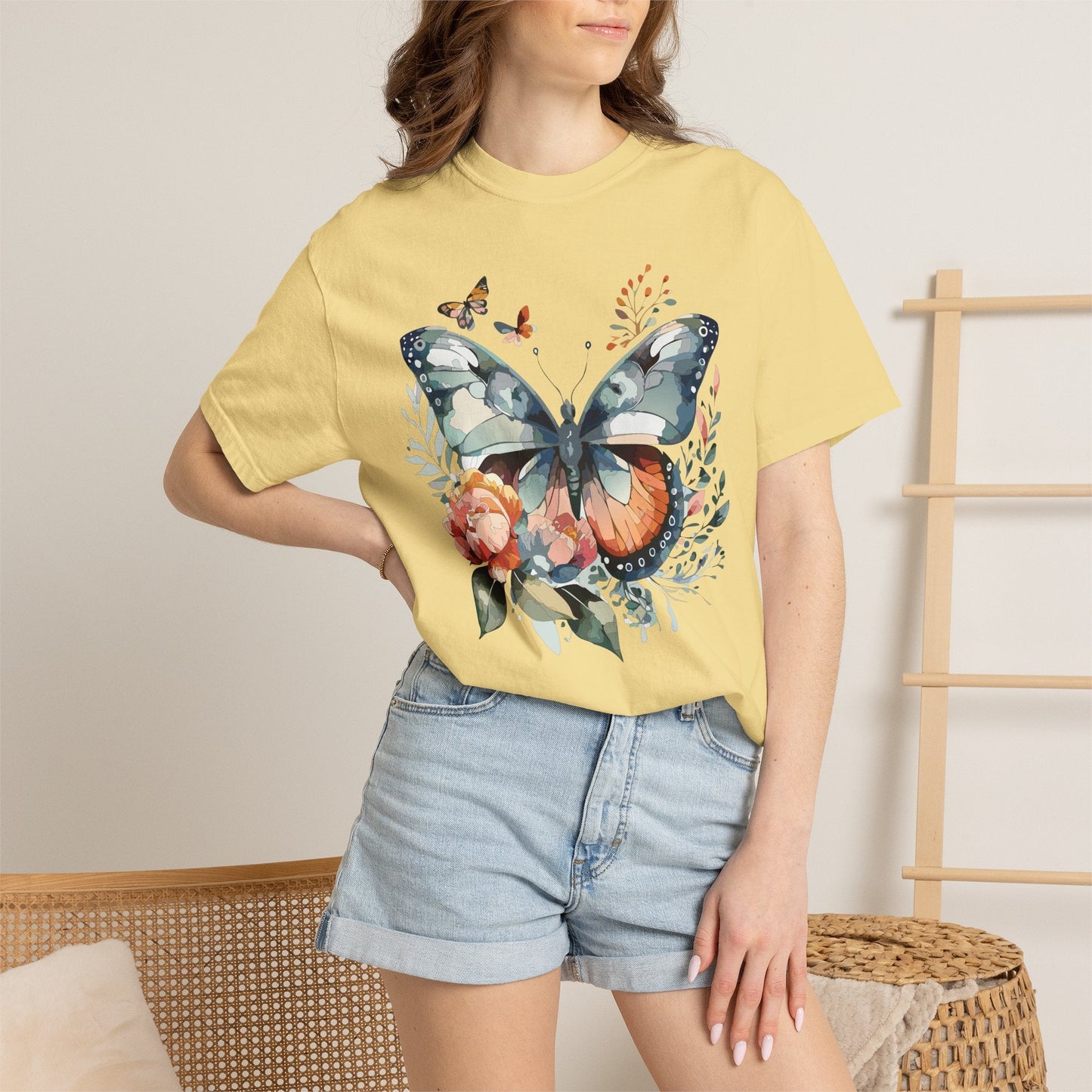Butterfly Floral Print T-Shirt Botanical Design Unisex Heavy Cotton Tee b1
