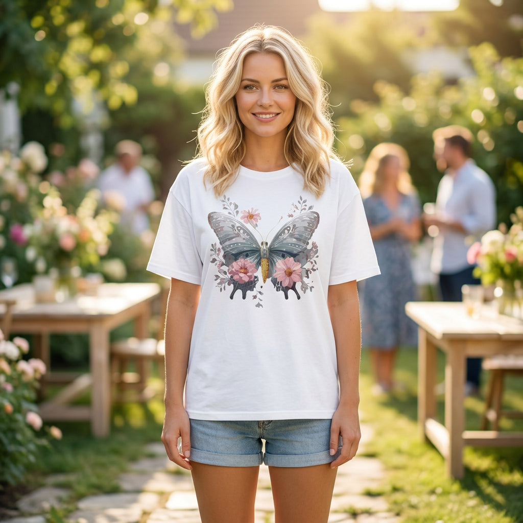 Butterfly Floral T‑Shirt — Watercolor Moth & Pink Flowers Graphic Tee Unisex 100 Cotton Gildan T-Shirt