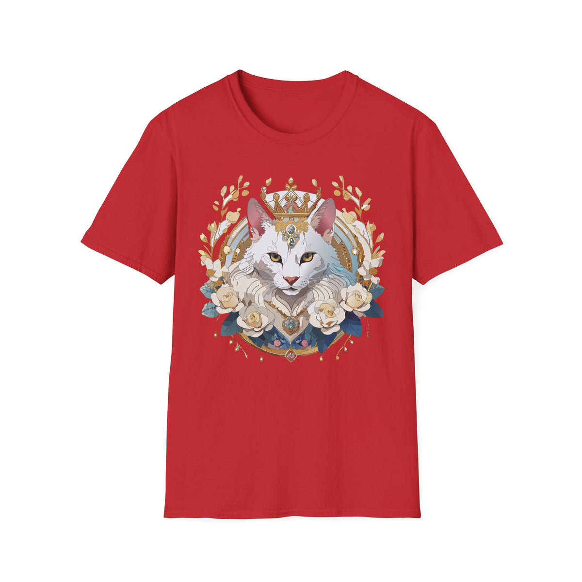 Regal White Cat Illustration T-Shirt | Crowned Feline, Floral Frame