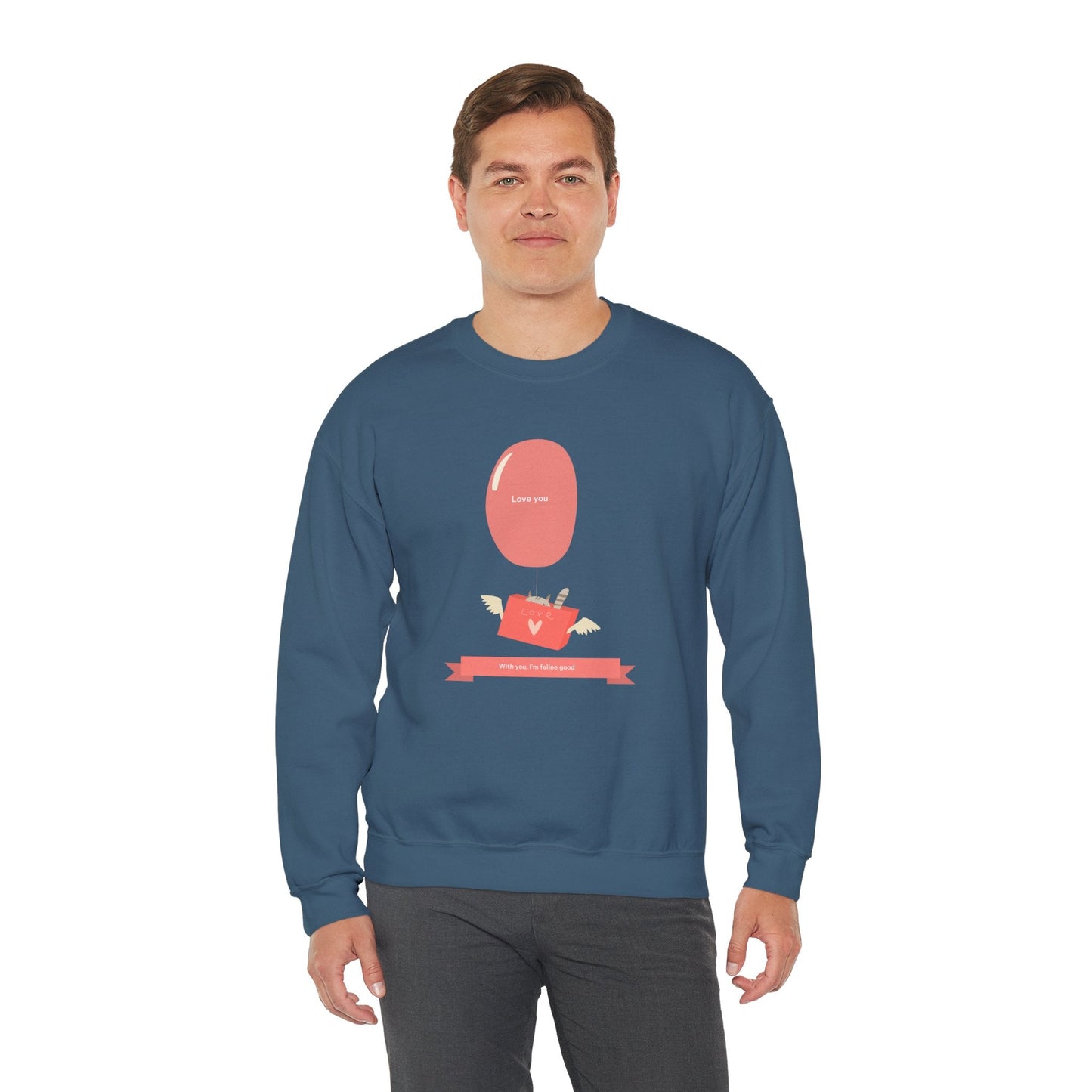 Cat Love Balloon Sweatshirt Unisex Fifty Fifty Cotton Poly Valentine Heavy Blend Crewneck Sweatshirt