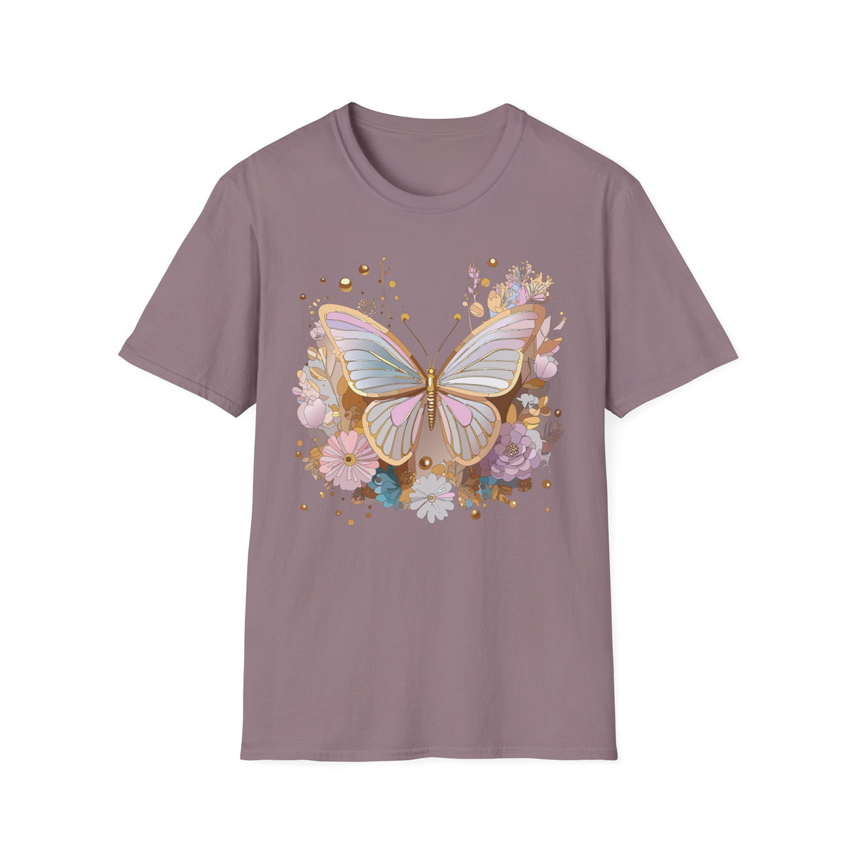 Pastel Butterfly Floral T-Shirt — Gold Accent Butterfly Graphic Design Unisex 100 Cotton Gildan T-Shirt