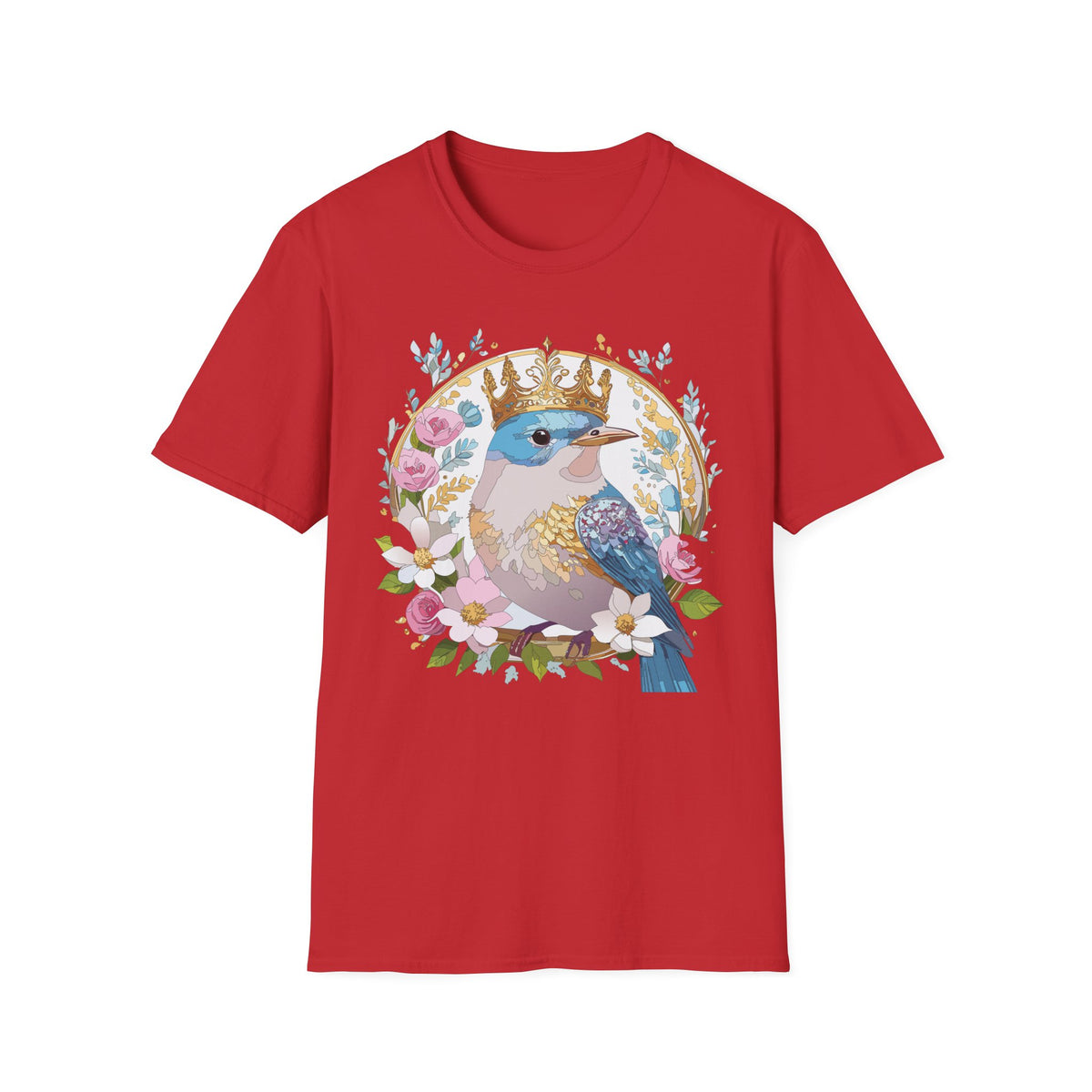 Crowned Bluebird with Floral Wreath T-Shirt | Royal Bird Illustration