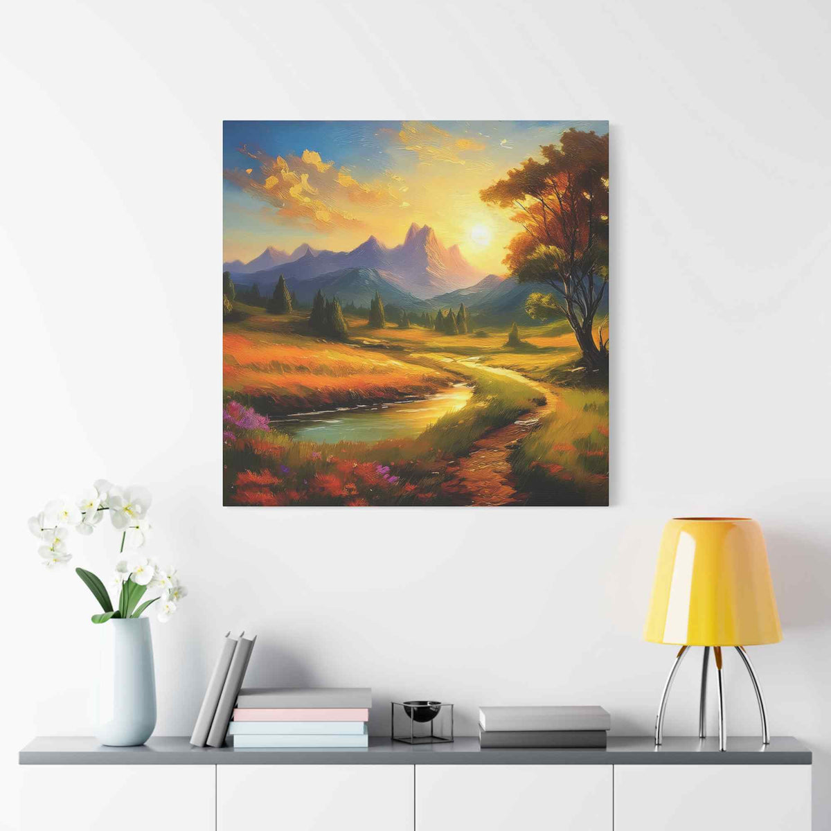 Landscape Print Canvas, Oil Paint Print 20x20, 24x24, 30x30, 32x32, 36x36 Art Design Print Pine-Wood Inner Frame MC-37