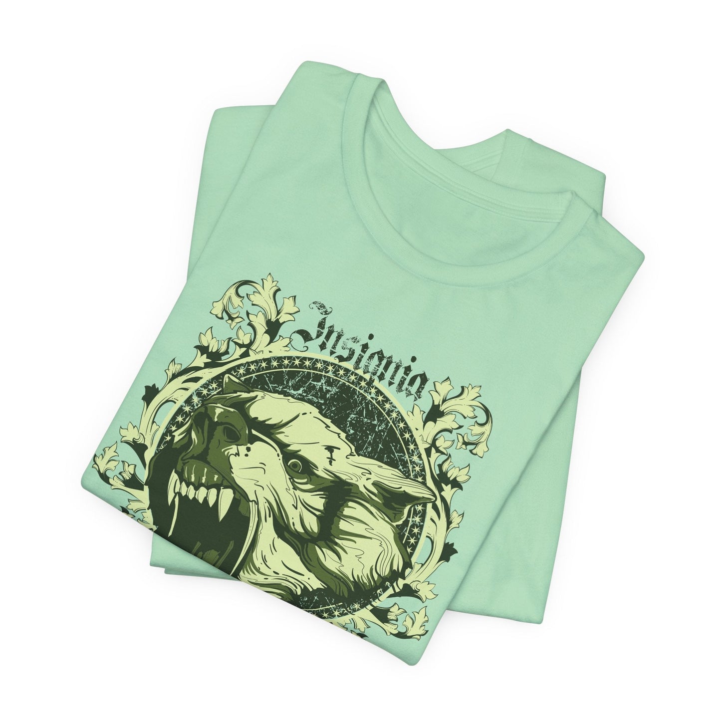Howling Wolf Skull Tee Gothic Vintage Crest, Green Graphic Shirt Art-54