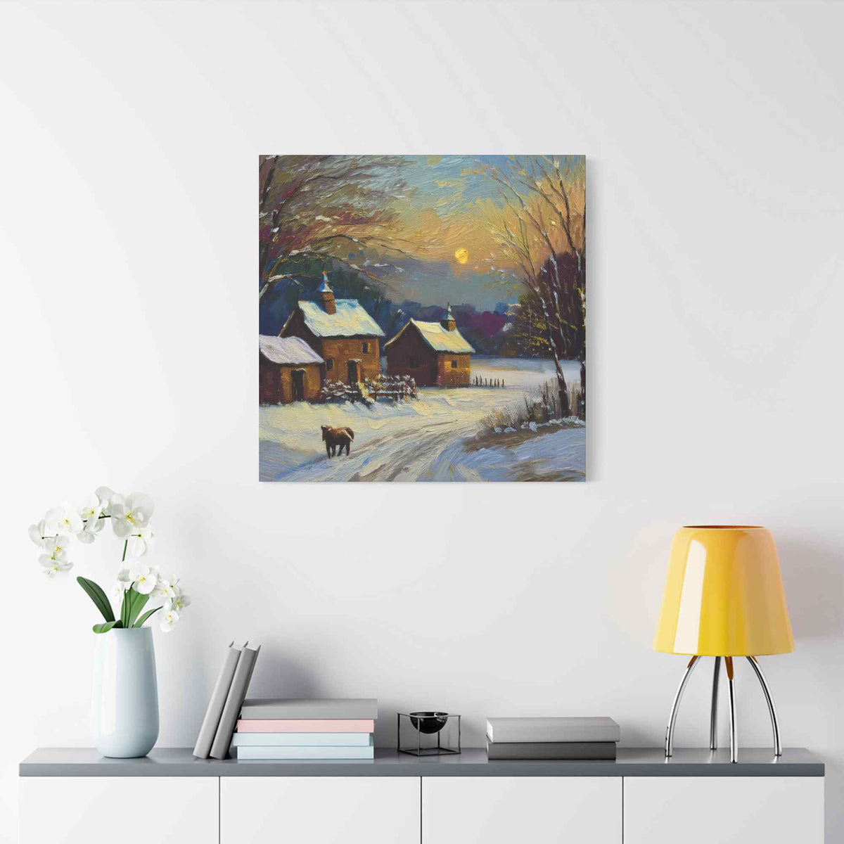 Countryside Winter Print Canvas, Oil Paint Print 20x20, 24x24, 30x30, 32x32, 36x36 Art Design Pine-Wood Inner Frame MC-111