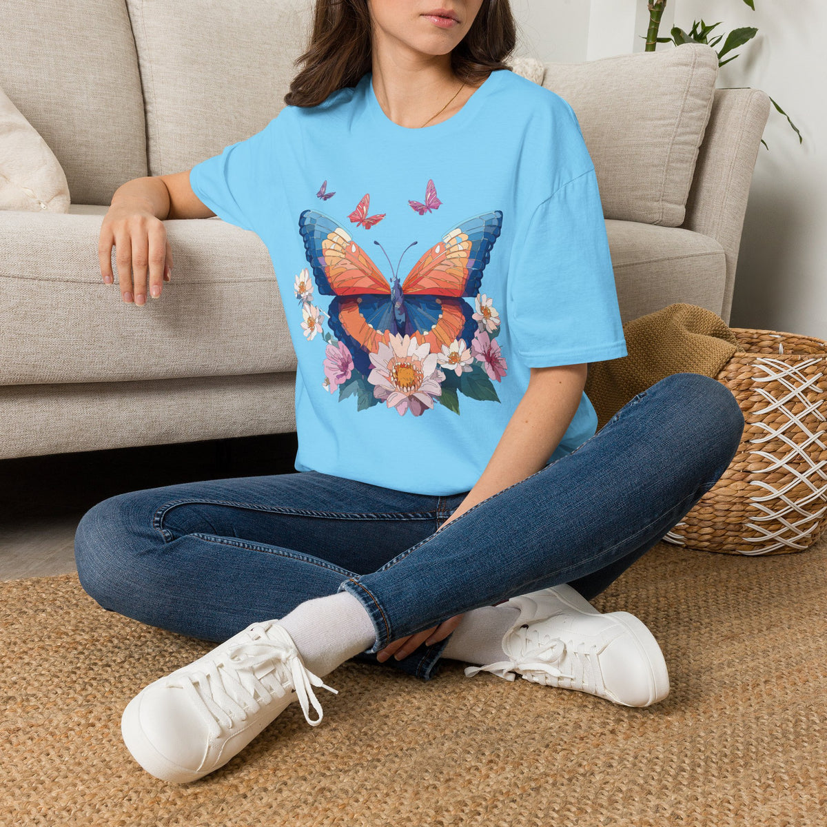 Butterfly Floral T-Shirt – Vibrant Orange & Blue Butterfly with Flowers Graphic Tee Unisex 100 Cotton Gildan T-Shirt