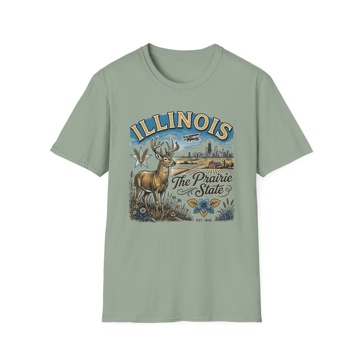 Illinois The Prairie State T-Shirt — Deer & Skyline Vintage Travel Tourist Graphic Tee Unisex 100 Cotton Gildan T-Shirt