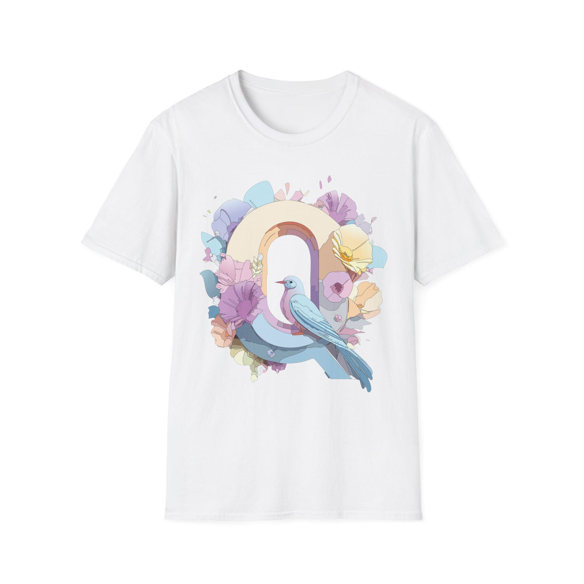 Pastel Bird Rainbow T-Shirt Q Floral Arch, Soft Spring Colors