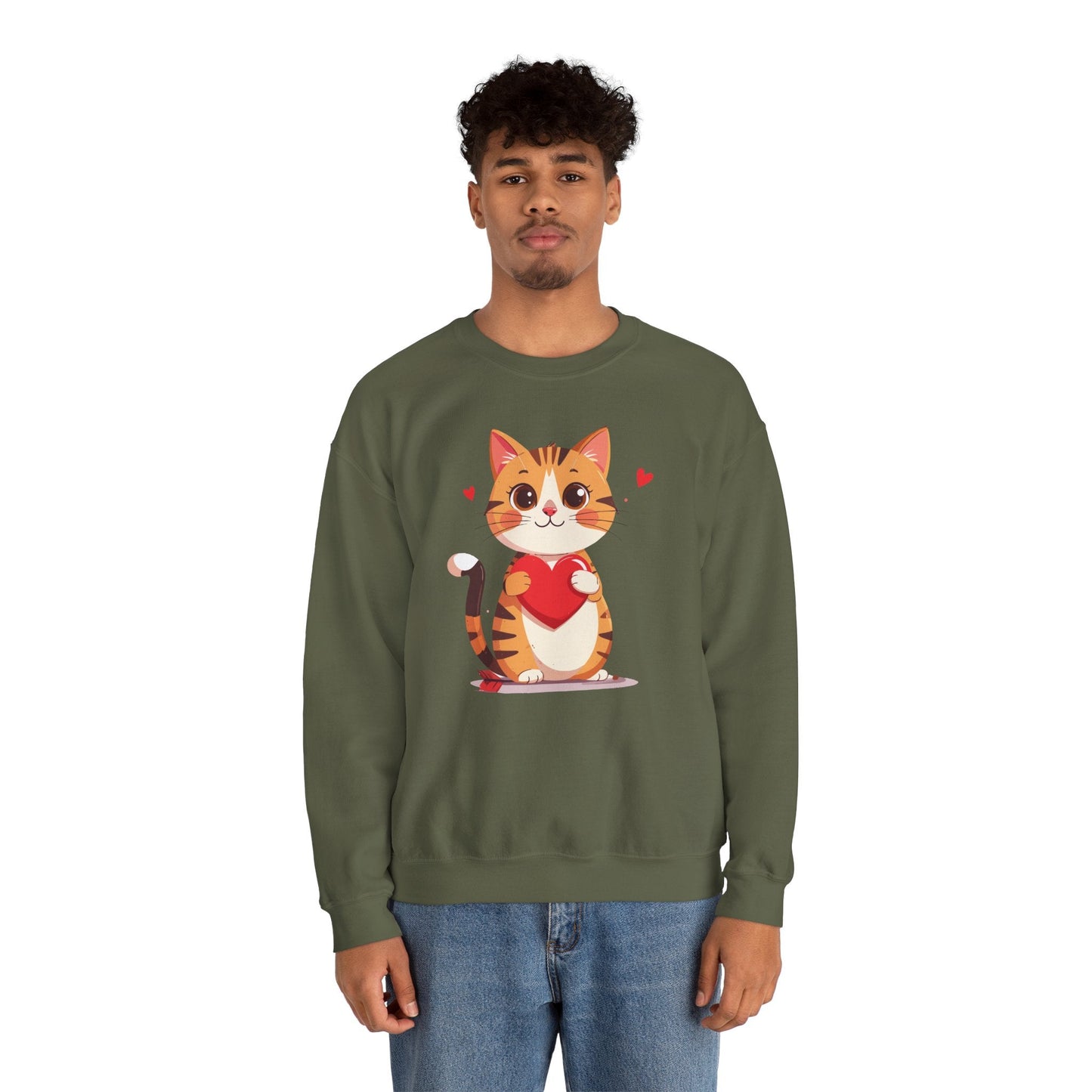 Cat Heart Sweatshirt Unisex Fifty Fifty Cotton Polyester Crewneck Valentines Day Gildan 18000