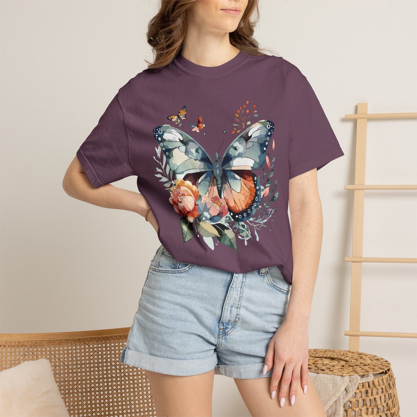 Butterfly Floral Print T-Shirt Botanical Design Unisex Heavy Cotton Tee b1