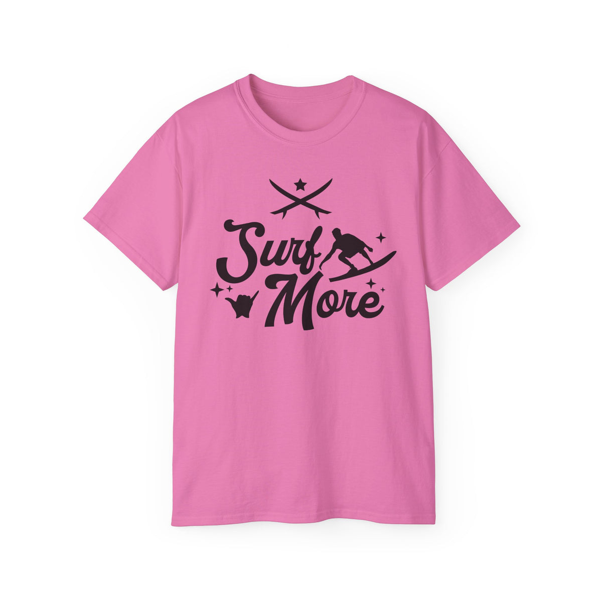 Surf More surfboard graphic Tee | surfer silhouette, waves, retro script