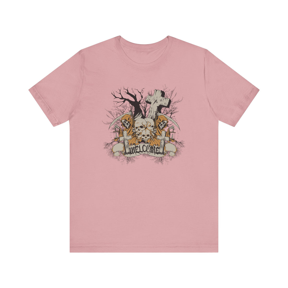 Skull Graveyard Welcome Tee Halloween Haunted Tree Cross Tombstone Unisex Cotton Art-50