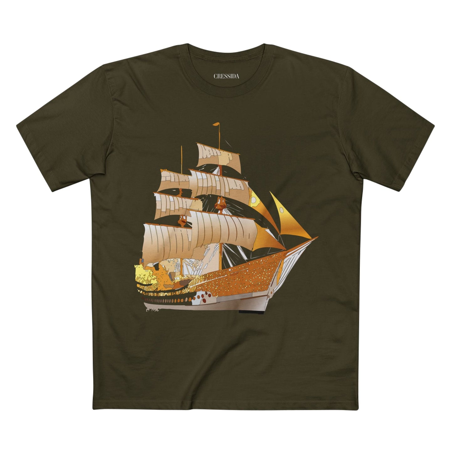 Ship Graphic Unisex 100 Cotton T-Shirt with Gold Frigate Art Design 24
