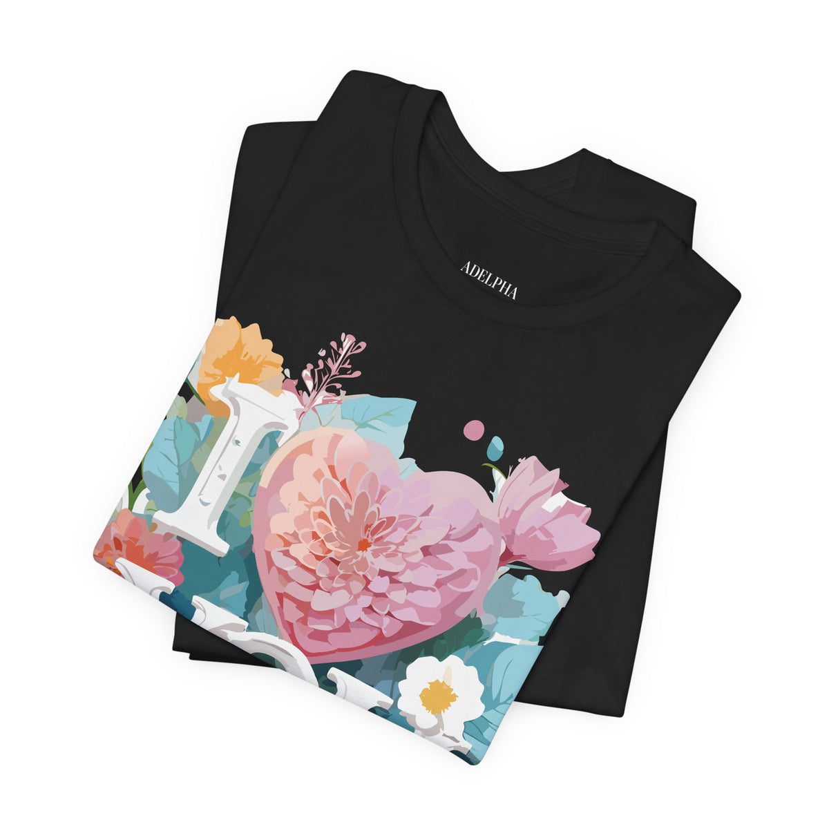 Valentine's Day Graphic Unisex Cotton Bella+Canvas Tee with Floral Art Design d125