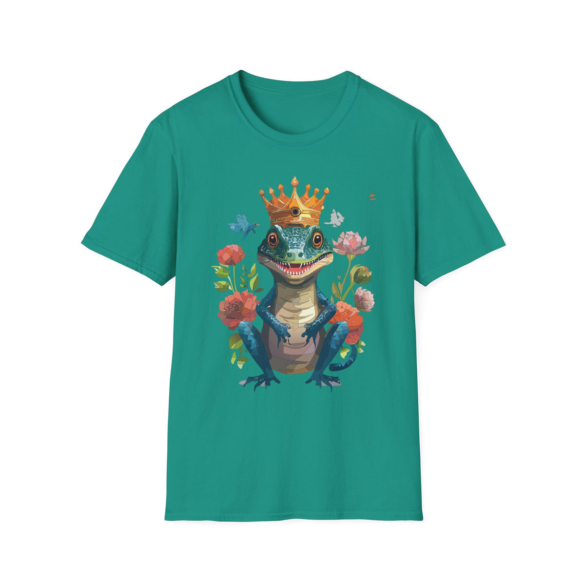 Crowned Lizard Illustration T-Shirt | Regal Gecko with Flowers