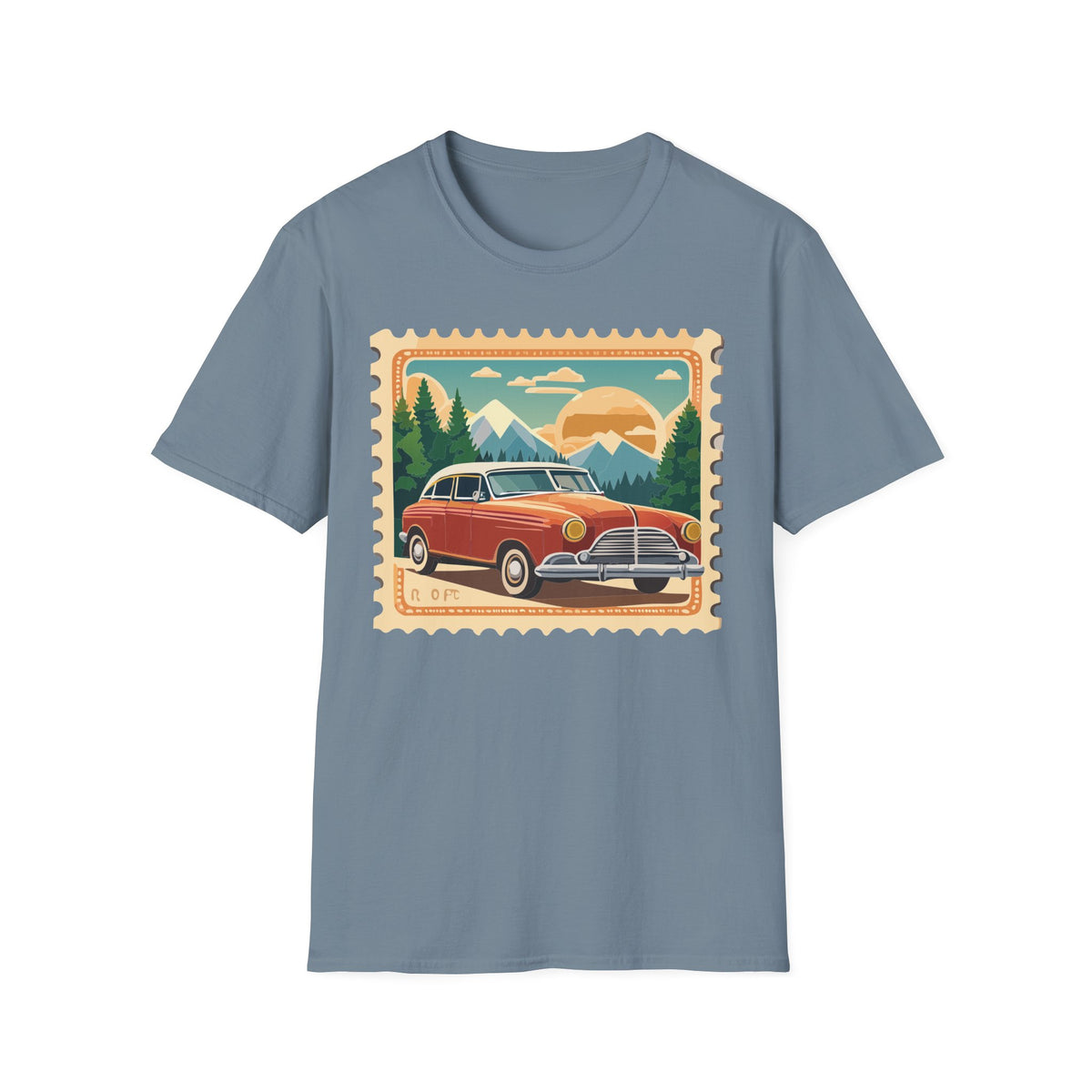 Vintage Road Trip Car T-Shirt | Retro Mountain Sunset Stamp Design