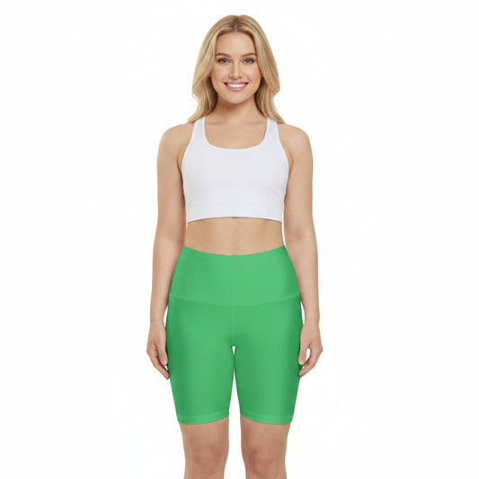 Emerald Green Women's Workout Shorts — Solid Green High-Waist Biker Shorts