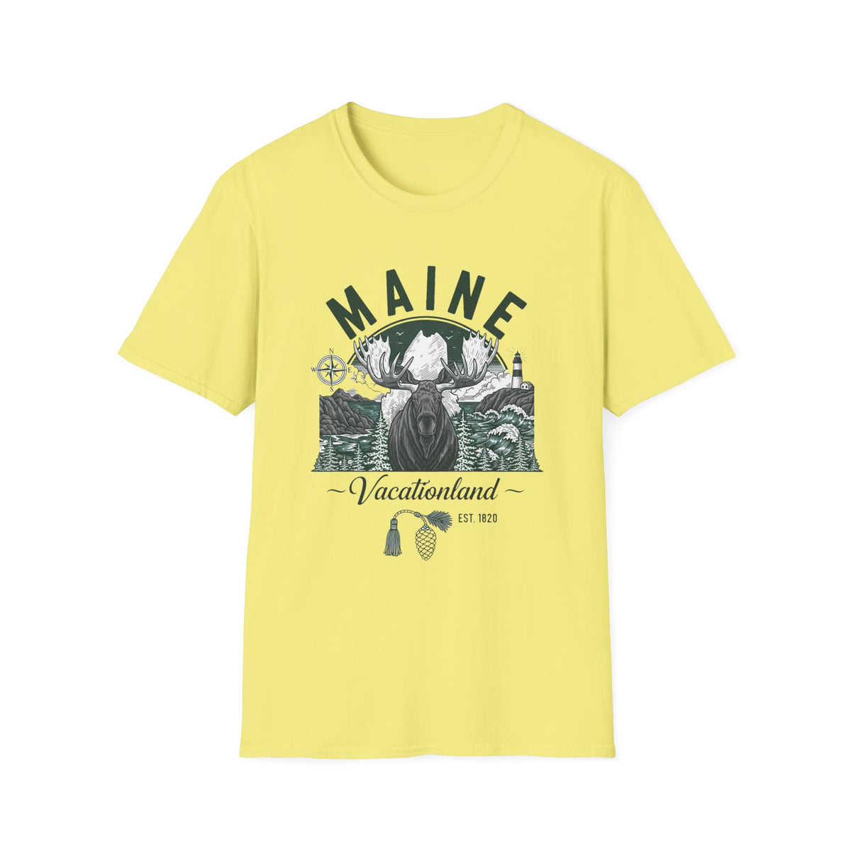 Maine Vacationland Moose T-Shirt — Rustic Coastal State Pride Tee Travel Tourist Graphic Design Unisex 100 Cotton Gildan T-Shirt