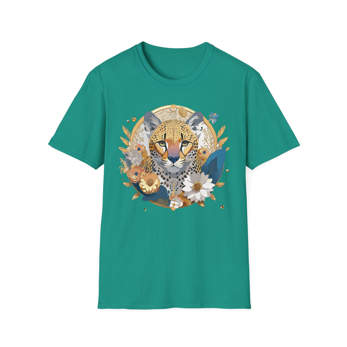Floral Cheetah Portrait T-Shirt | Leopard Face Botanical Tee