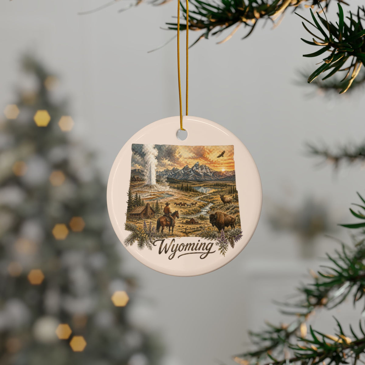 Wyoming Landscape Ceramic Ornament | State Scene Double-Sided - 2.99" Includes Gold String