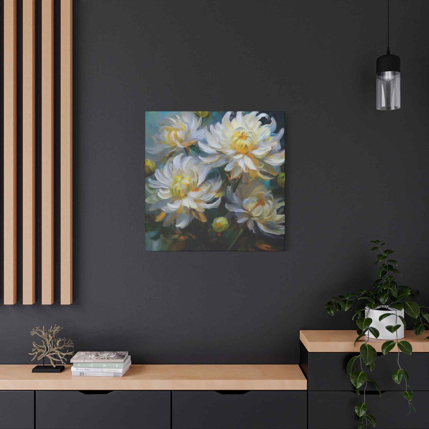 Chrysanthemums Print Canvas, Floral Oil Paint Print 20x20, 24x24, 30x30, 32x32, 36x36 Art Design Pine-Wood Inner Frame MC-159