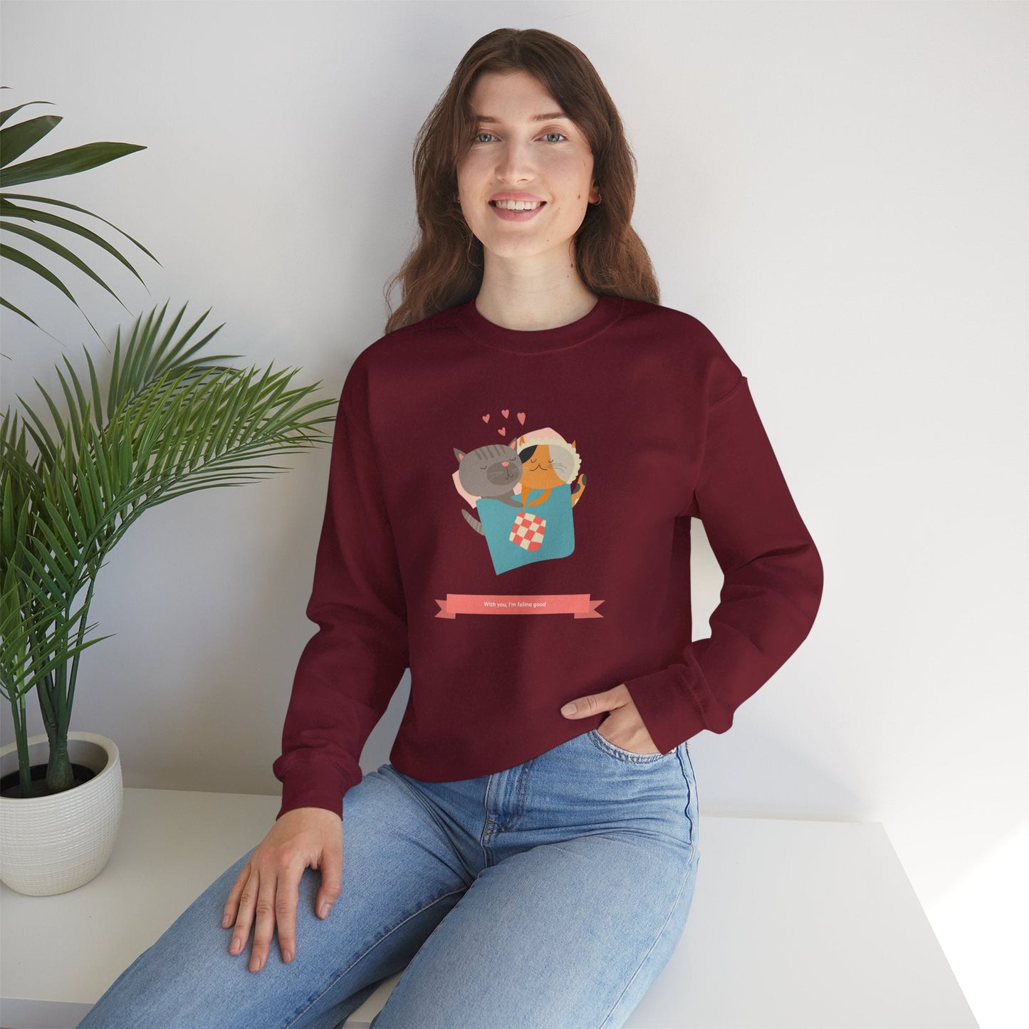 Cat Heart Sweatshirt Unisex Valentines Day 50 50 Cotton Poly Crewneck Gildan 18000