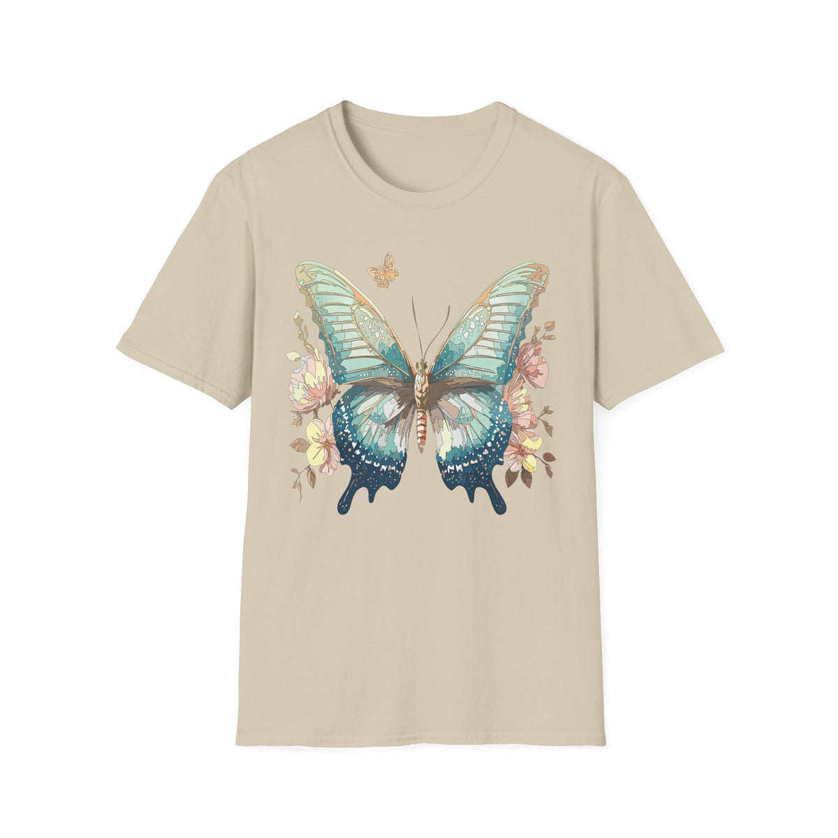 Teal Watercolor Butterfly T-Shirt | Floral Accent, Boho Nature Graphic Tee Unisex 100 Cotton Gildan T-Shirt