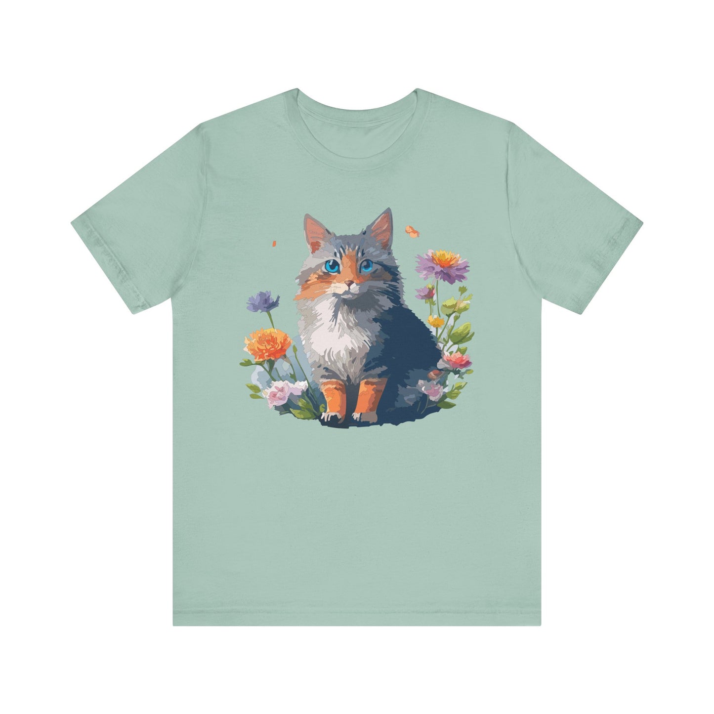 Floral Cat Tee, Animal Shirt, Cat Shirt, Floral Tee, Flower T-shirt, T-Shirt with Animal, Summer Top with Art Design