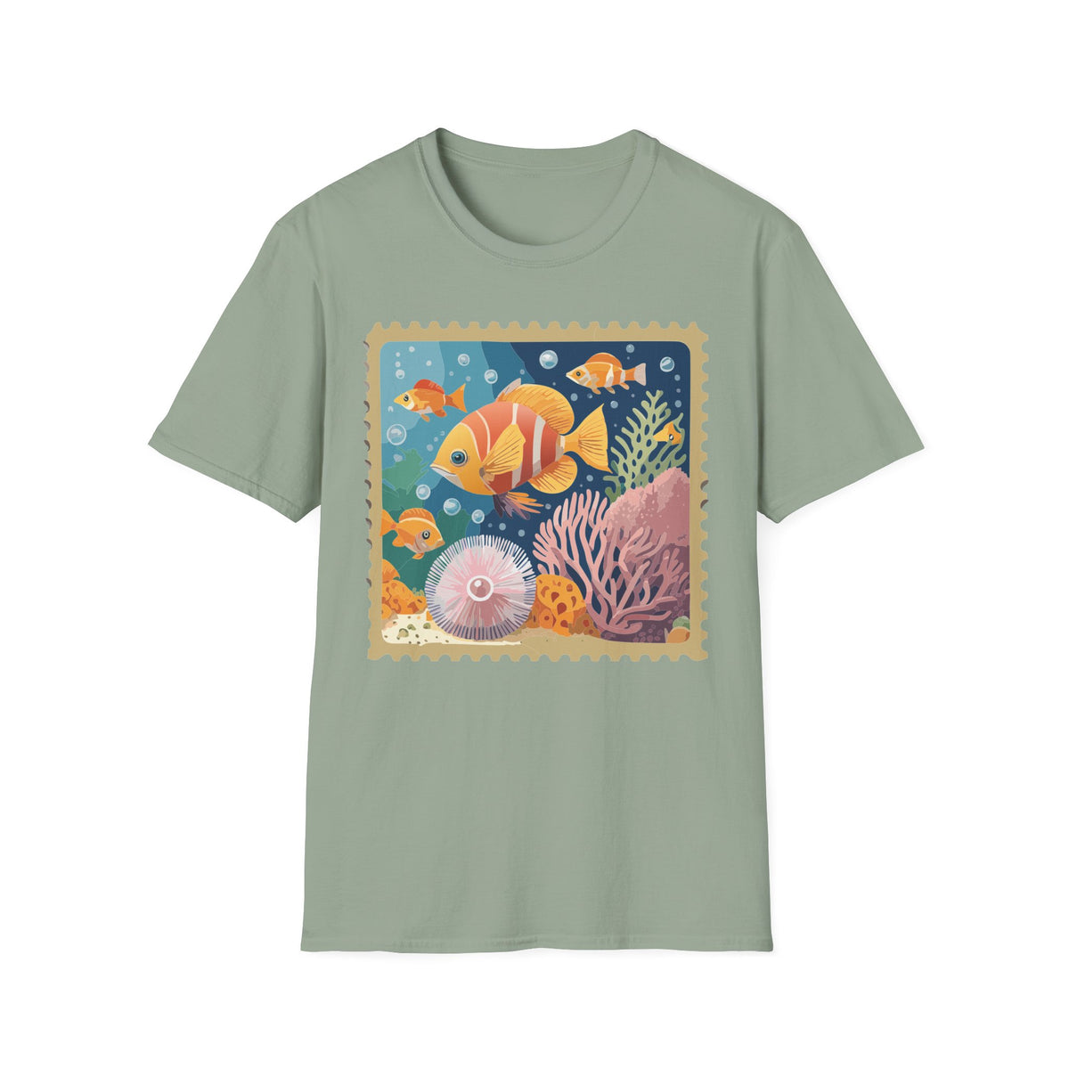 Tropical Clownfish Stamp Tee | Fish Reef Illustration Graphic Tee Unisex 100 Cotton Gildan T-Shirt