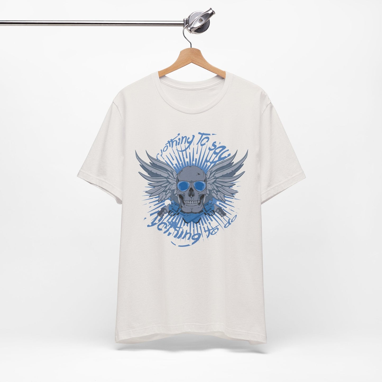 Winged Skull Graphic Tee | Blue Skull with Wings, Radiant Burst
