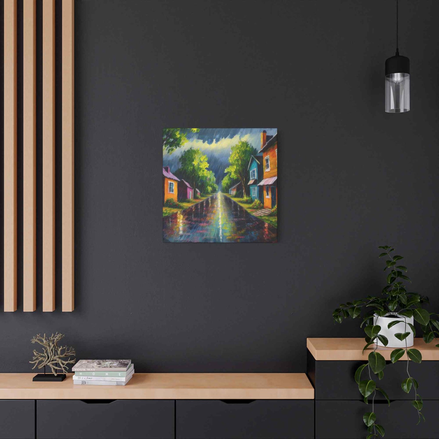 Rainy Village Street Canvas, Matte Oil Paint Print 20x20, 24x24, 30x30, 32x32, 36x36, Art Design Print Non-Frame MC-2