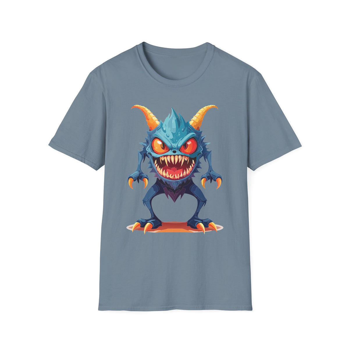 Monster Graphic T-Shirt — Cute Scary Blue Demon Tee for Halloween & Gamer Fans Cartoon Graphic Tee Unisex 100 Cotton Gildan T-Shirt